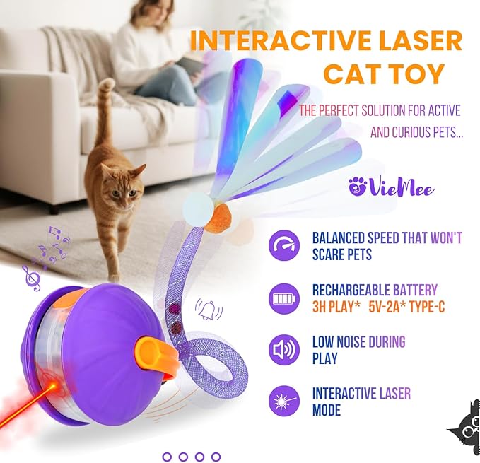 Interactive Cat Toy - Automatic Laser & Motion Toy for Indoor Cats, 4-in-1 with 3 Interchangeable Tails, Rechargeable Electronic Pet Toy for Kittens & Adult Cats
