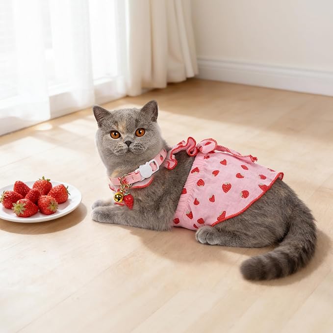 2-Piecs Cotton Detachable Pet Cat Dog Collar with Strawberry Pendant and Bell + 1-Piece Small Dog Cat Dress, Girl's Cat Costume, Cute Bow-Decorated Outfit, Strawberry Print Pet Birthday Set (Small)