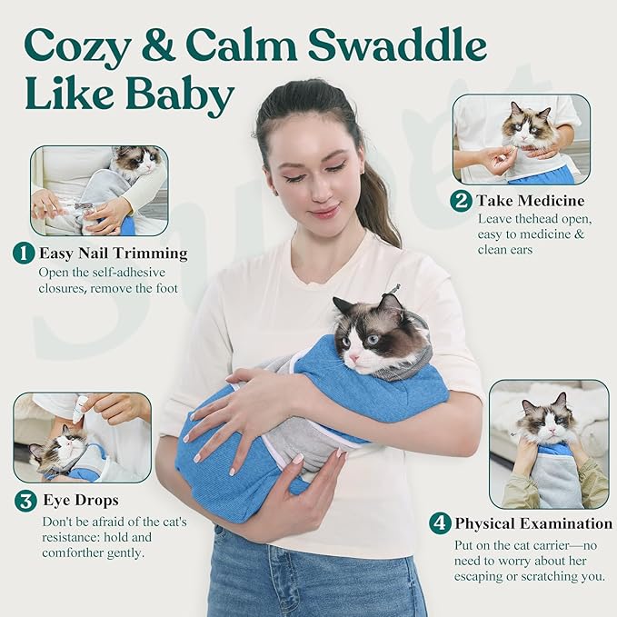 Supet Cat Grooming Wrap for Cutting Nails, Self-Adhesive Anti-Scratch Swaddle with Bite-Proof Mesh Hood & Thick Waist Strap Anti-Escape Bag for Nail Trimming, Medication, Ear Cleaning (Blue M)