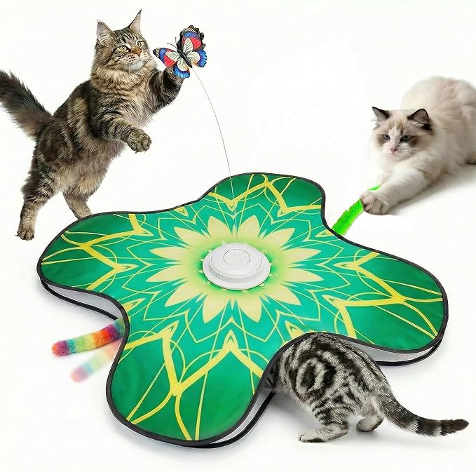 Interactive Cat Toy for Indoor Cats, Touch Activated Automatic Electronic Cat Toy with Sound On/Off, Dual Wands, Non-Slip Suction Cups, Rechargeable Hide and Seek Cat Play Mat for Bored Adult Kittens