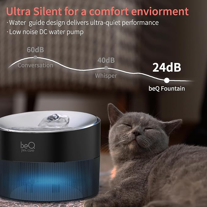 beQ Cat Water Fountain, 84oz/2.5L Stainless Steel Automatic Pet Fountain Water Dispenser with 4pcs Replacement Filters for Cats, Dogs, Multiple Pets Drinking Bowl, Indoor Ultra-Quiet Smart Pump, Black