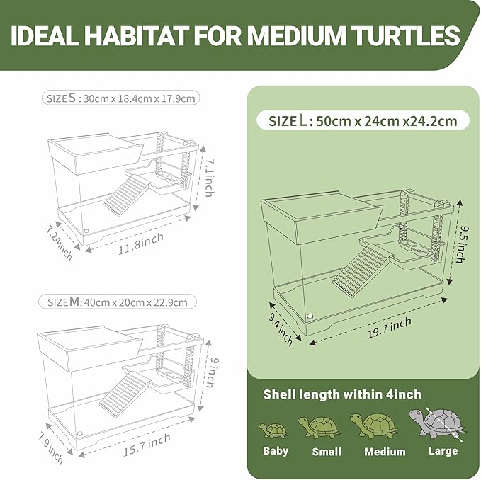 GOZILLA Aquatic Turtle Tank+Lamp+Filter Kit, Upgrade PC Turtle Tank Kit with Adjustable 360°Lamp & Filter,Reptile Habitat Lid,Hanging Platform for Small Reptiles.(19.68× 9.52× 9.44''/Large-Black)