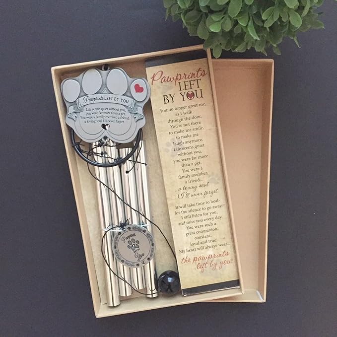 Pet Memorial Wind Chime - 18" Metal Casted Pawprint Wind Chime - A Beautiful Remembrance Gift for a Grieving Pet Owner - Includes Pawprints Left by You Poem Card
