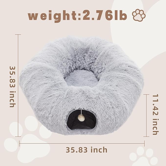Cat Tunnels for Indoor Cats, Cute Donut Turnel Toys for Small Large Cats with Washable Circle Cushion，3-in-1 Foldable Playground & Cozy Cave Bed for, Kittens Puppy Rabbits