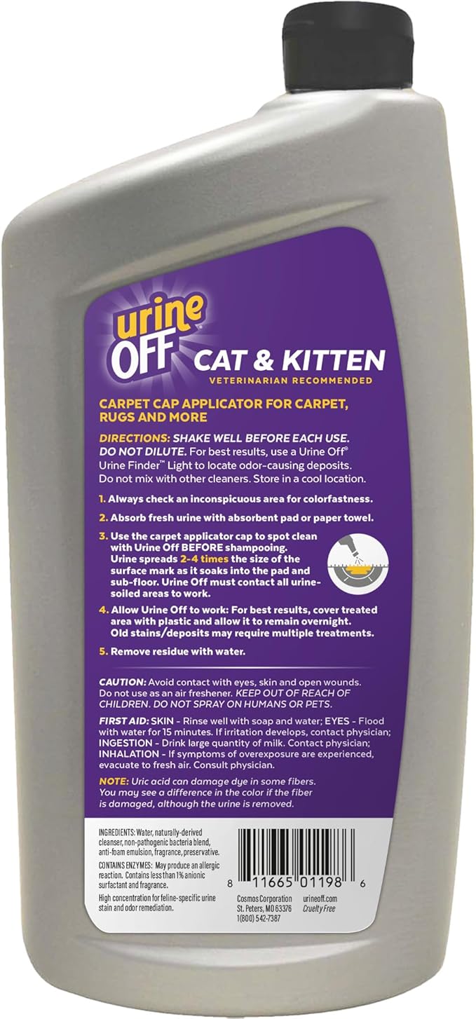 Urine Off Kitten & Cat Pet Stain Remover | Freshly Scented Carpet Cleaner | Bio Enzymatic Stain & Urine Odor Eliminator | Pet Safe Cleaner | 32 oz.