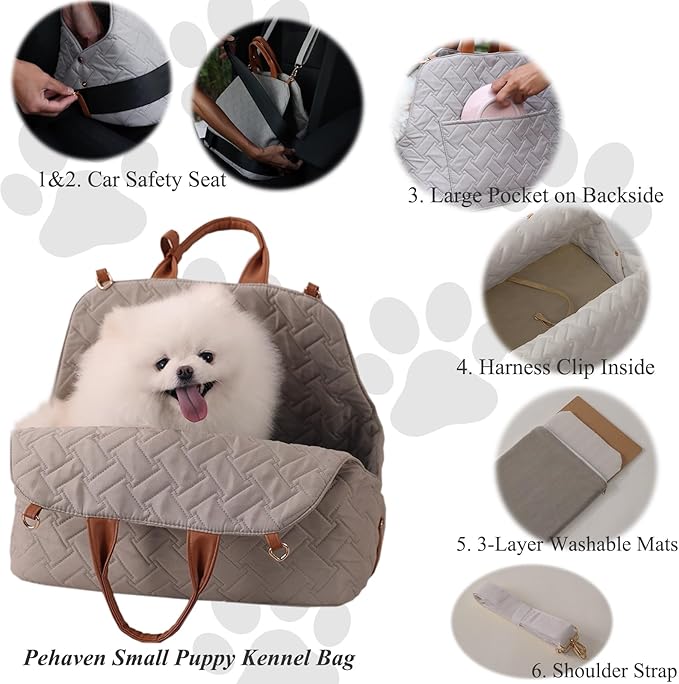 Small Dog Carriers Purse Bag,Dual Use,Car Safety Seat Light Cozy Pet Bed Kennel for Puppies Cats Lightweight Bags Fashion Woman Handbag Totes Go Vet Outdoor(Grey)