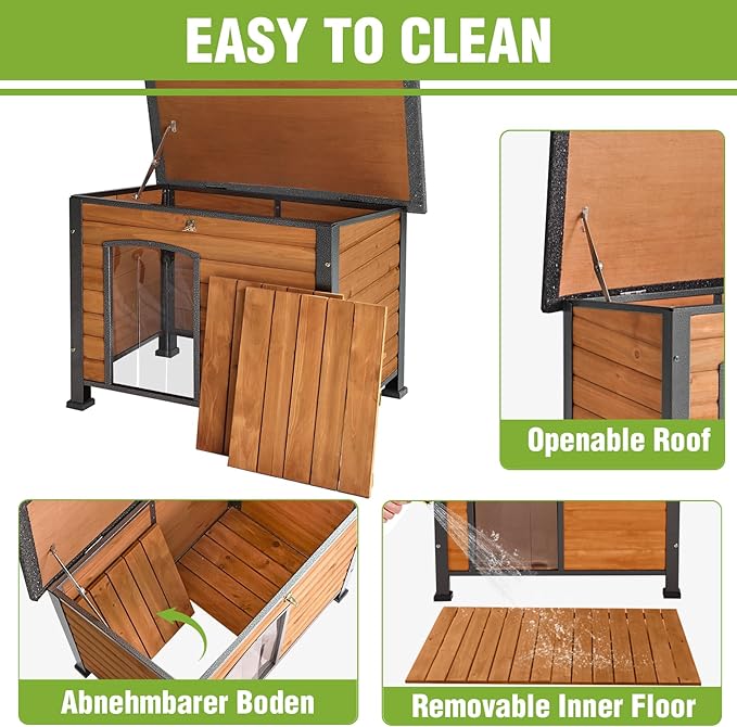 GUTINNEEN Large Outdoor Insulated Dog House Weatherproof Dog Kennel Indestructible Dog Shelter with Chew-Proof Full Metal Frame, Openable Roof for Small to Large Dog Breeds (33.5"L x 22"W x 25.2"H)