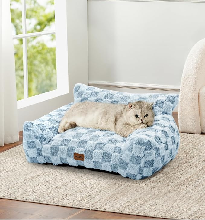 Made4Pets Cat Beds for Indoor Cats, Cat Couch Bed, Soft Faux Fur Checkered Pet Sofa, Calming Fluffy Kitten Sofa with Supportive Foam, Removable Washable Cover with Non-Slip Base, Sky Blue, Small