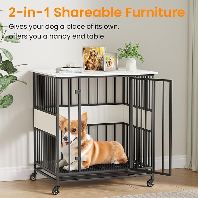 Dog Crate Furniture for Small Dogs, 31 Inch Indoor Puppy Kennel, Wooden Pet Cage Decorative Corner End Table with Caster Wheels & Removable Tray, White