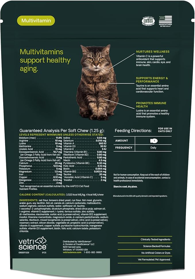 VetriScience Senior 27+ Active Health Chews, Nu Cat Daily Multivitamin for Senior Cats, Balanced Vitamins, Minerals and Antioxidants, Healthy Aging and Wellness Support, Fish, 30 Count