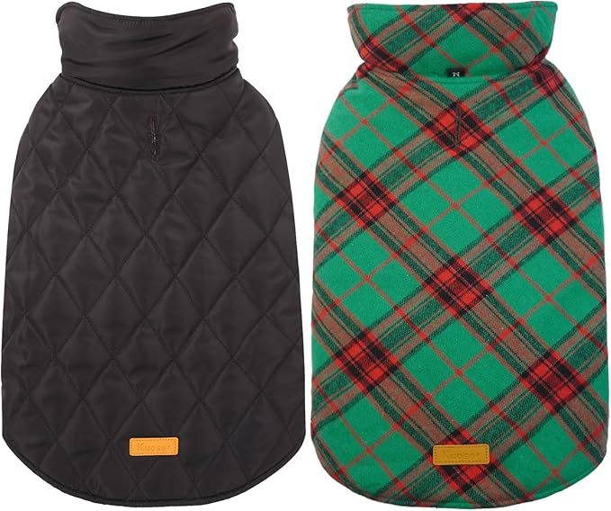 Kuoser Waterproof Dog Coat, Reversible Dog Jacket for Large Dogs, Adjustable Durable Doggie Winter Coat for Groowing Puppies Warm Puppy Cold Weather Apparel, Christmas Green L