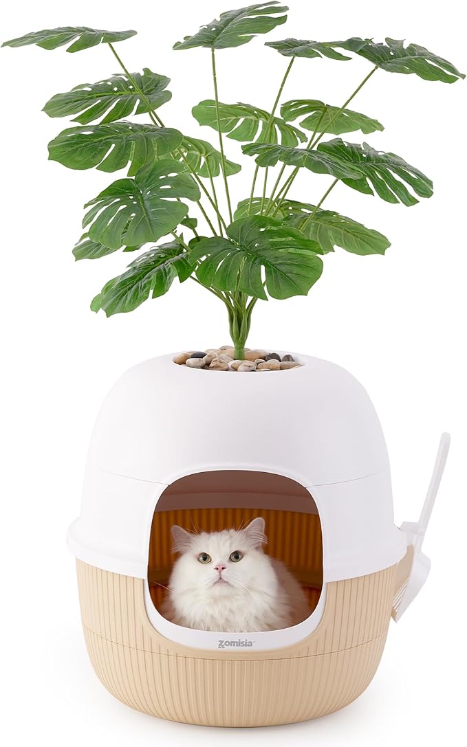 Hidden Cat Litter Box with Faux Plant, Odor Control Litter Box Enclosure Furniture with Artificial Planter and Scoop, Easy to Assemble and Clean, White & Khaki