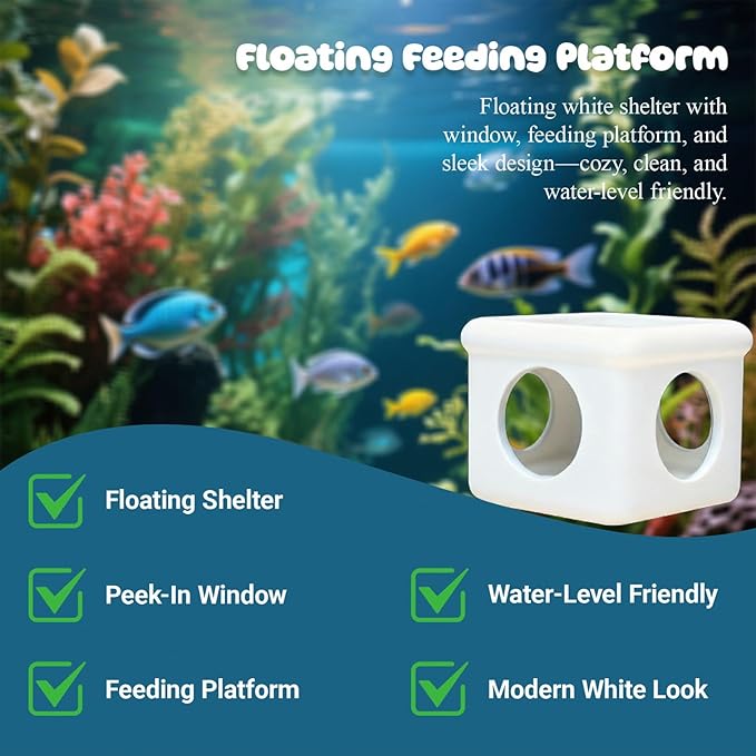 White Floating Betta Hideout with Round Side Holes – 3D Floating Breeding Box & Resting Cave with Window – Feeding Platform, Fish Shelter & Hammock for Betta, Guppies, Nano Tanks & Small Aquariums