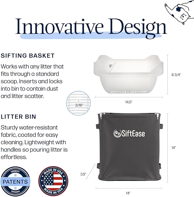 Cat Litter Sifter - SiftEase Litter Box Sifting, Fast & Easy Scoop Free Cleaner, Large Sifter with Bin for Longer Lasting Litter (Dark Grey)
