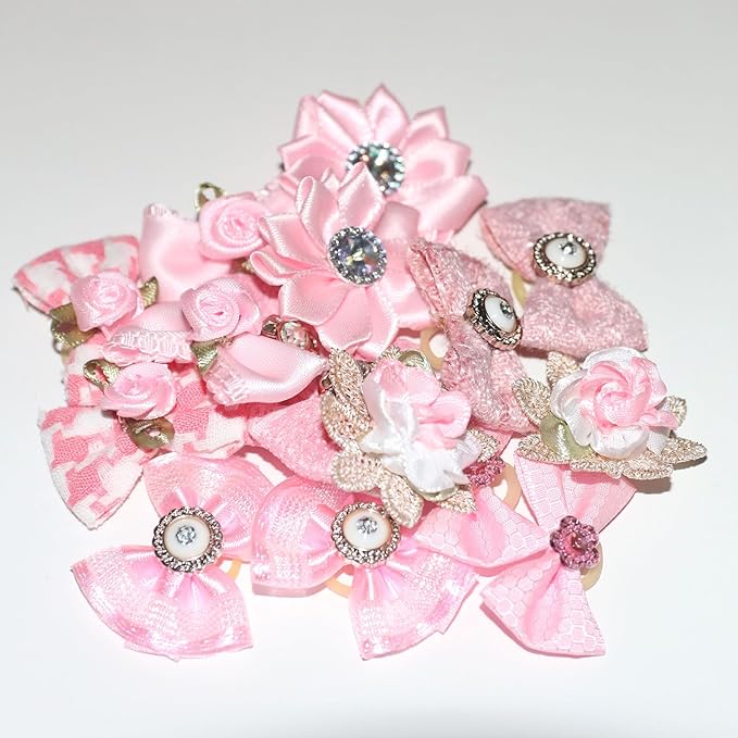 Dog Hair Bows, 16 Pink Pieces with Rhinestones and Pearls, Pet Fashion Accessories