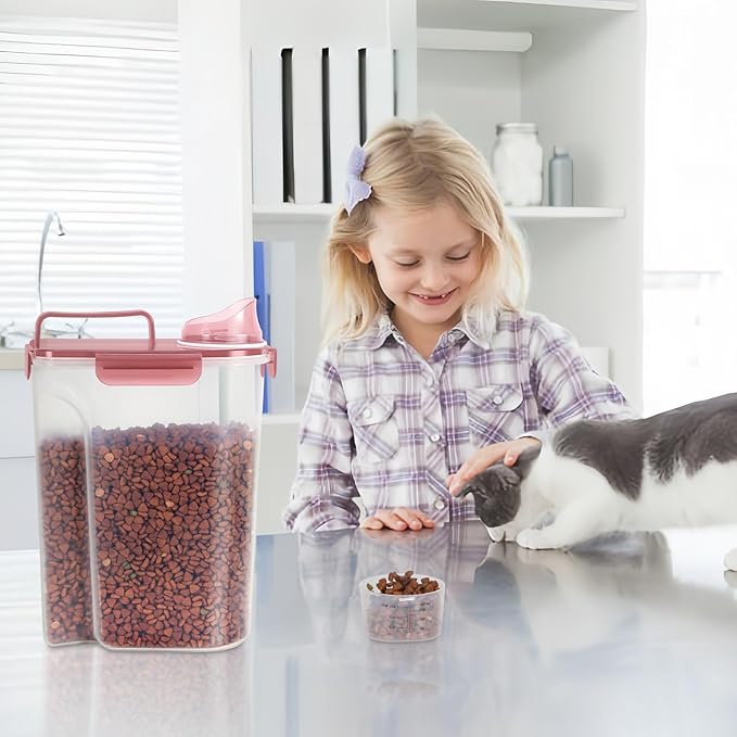 5-7Lbs Dog Cat Food Storage Container with Upgraded Large Nozzle BPA-free, 4 Snap Seals Plastic Pet Food Storage Containers with Handles (Clear Pink, 5L-1pack)