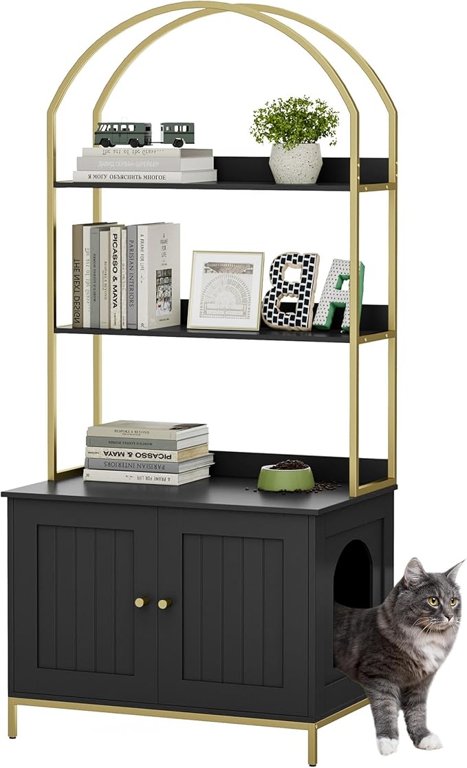 Homhedy Cat Litter Box Enclosure, Litter Box Furniture Hidden with 2-Tier Storage Shelves, Wooden Cat Washroom Furniture with Metal Frame, Modern Style, Black and Gold