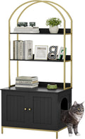 Homhedy Cat Litter Box Enclosure, Litter Box Furniture Hidden with 2-Tier Storage Shelves, Wooden Cat Washroom Furniture with Metal Frame, Modern Style, Black and Gold