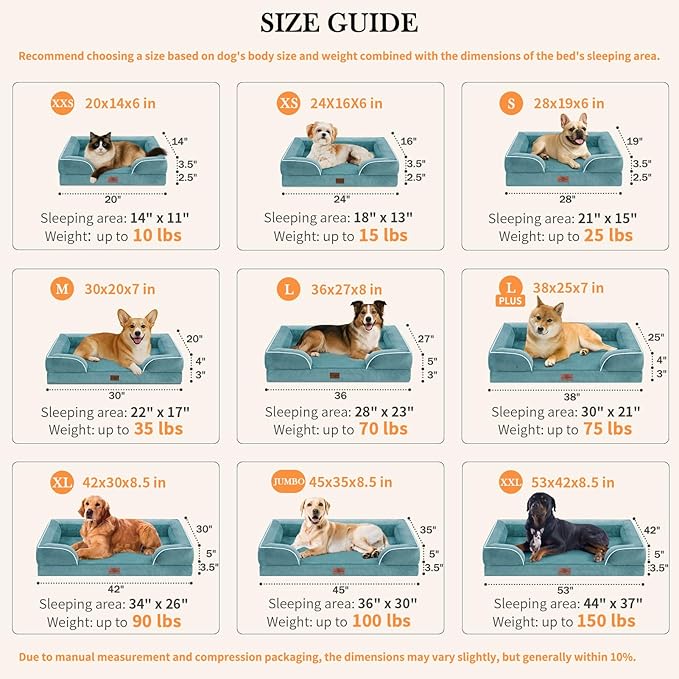 Comfort Expression Orthopedic Dog Bed for Large Dogs 38x25 Inch, Waterproof Supportive Egg Crate Foam Large Pet Bed with Removable Bolster, Dog Couch with Washable Cover & Non-Slip Bottom, Washed Blue