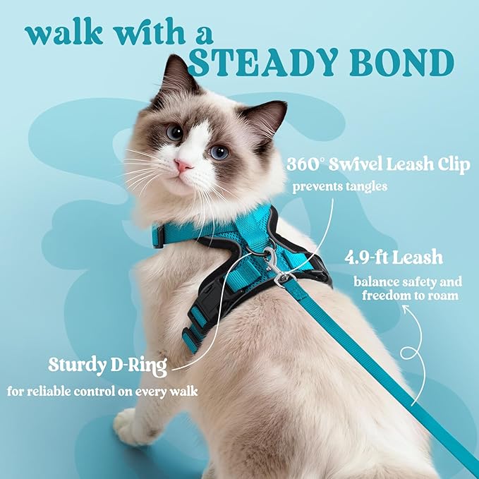 rabbitgoo Cat Harness and Leash for Walking, Escape Proof Soft Adjustable Vest Harnesses for Cats, Easy Control Breathable Reflective Strips Jacket, Teal, M