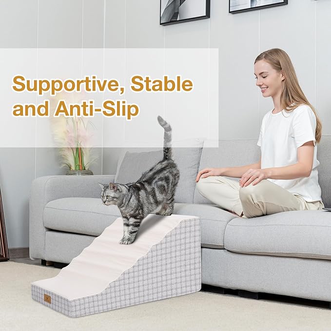 Pets Ramp for High Beds, Small Dogs & Senior Cats - Non-Slip Texture & Machine Washable Cover - Supportive Foam for Joint Comfort, Easy Climb for Couch, Sofa, Furniture (Beige)
