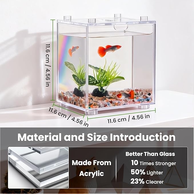 Acrylic Fish Breeding Box, Clear, Rectangular, 3.9x3.9x4.6 Inches, Stackable, for Betta Fish