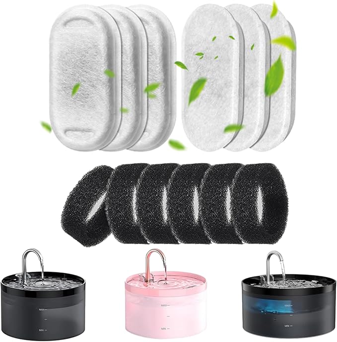GIOTOHUN 12 Cat Water Fountain Filters: Cat Fountain Filter - Pet Water Fountain Filter - 6 Filters + 6 Sponges for Fountain H1 (67oz/2L) - Filter Loose Hair (Sponges) - Triple Filtration (Filters)