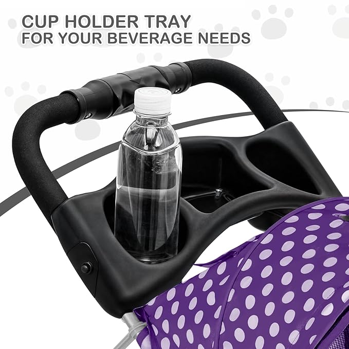 MoNiBloom 3 Wheels Pet Dog Cat Stroller for Small Medium Dogs Cats, Foldable Jogger Stroller w/Storage Basket and Cup Holder, Purple Polka Dots