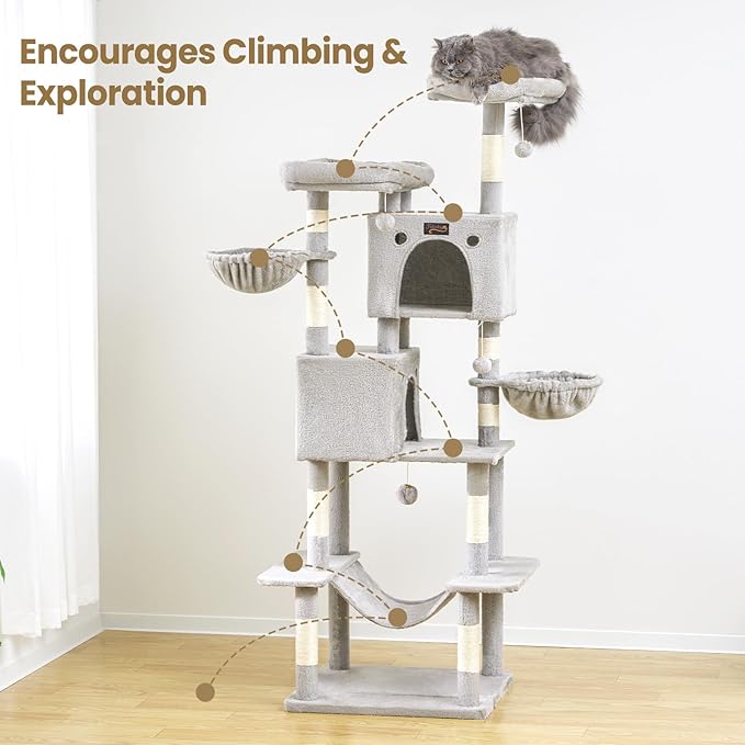 Large Cat Tree Tower for Indoor Cats Adult, 74.8 Inch Tall Multi-Level Kitty Condo with Scratching Posts, Perch, Hammock, Plush Bed for Big Cats, Modern Cat Furniture Heavy Duty (Light Grey)