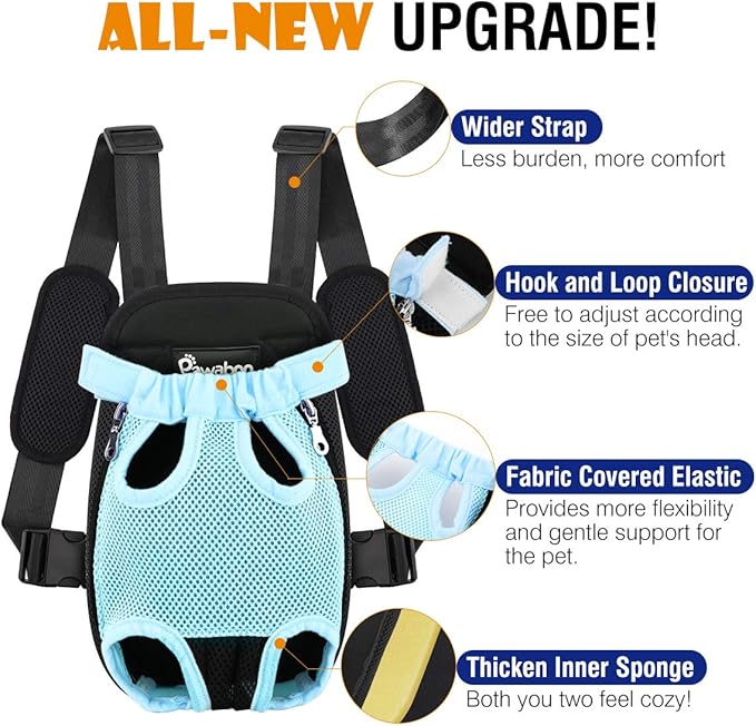 Pawaboo Adjustable Carrier Backpack for Dog Cat, Pet Front Dog Carrier Purses Cat Travel Bag, Legs Out, Easy-Fit for Traveling Hiking for Small Dogs Cats Puppies, L, Blue