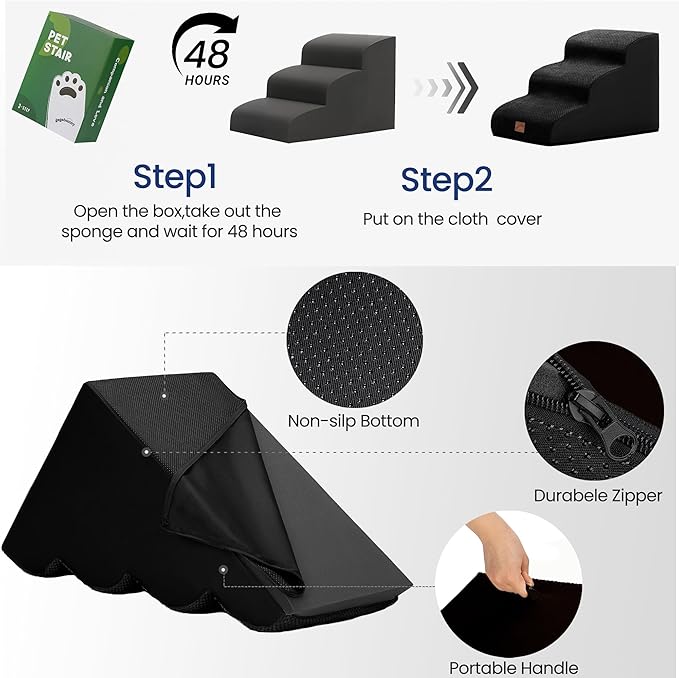 gogobunny Ramp Cat Dog Stairs for Beds, Cat Slope Stairs with Durable Waterproof Fabric Cover, Pet Steps for Old Large Dogs Climbing (Black, 4-Step (28.3" D x 15.7" W x 19.7" H), 4)