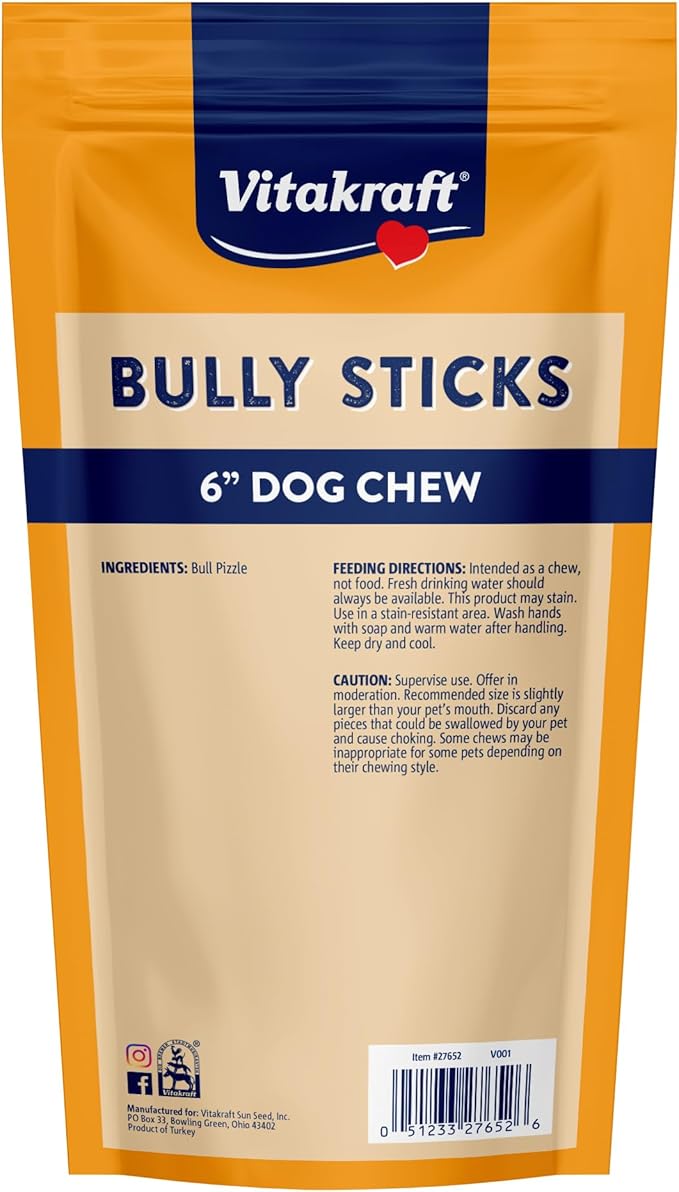 Vitakraft Dog Bully Sticks, 6 Inch, 5 Count, Thick, All-Natural Beef Chews for Dogs, 6 oz