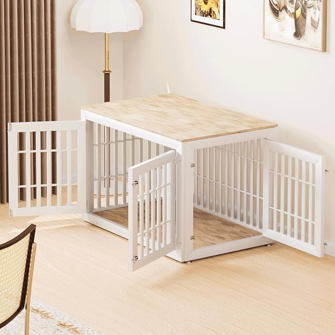 48" Heavy Duty Dog Crate Furniture for Small,Medium and Large Dogs,Rustic Wooden Dog Cage Kennel Indoor Furniture with Waterproof Top,Decorative Pet House Side End Table (White & Wood)