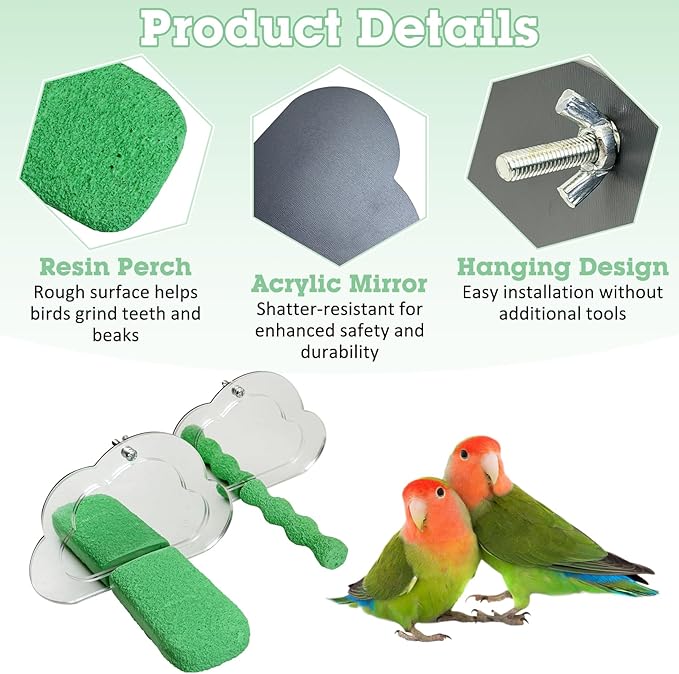 PINVNBY 2 PCS Bird Mirror with Perch Resin Parakeet Perches Hanging Parrot Toys Interactive Bird Cage Accessories for Cockatiel Conure Lovebird Finch (Green)
