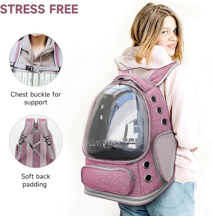 Cat Backpack Carrier, Breathable Cat Carrier Large Space Bubble Pet Backpack for Kitty Small Dog up to 12lbs, Transparent & Foldable Pet Carrier for Travel Hiking（Pink）