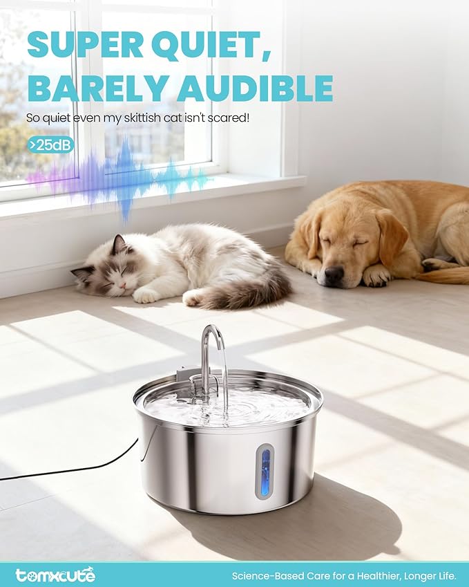 Cat Water Fountain Stainless Steel - 108oz/3.2L Large Capacity Cat Fountain for Drinking, Ultra Quiet Metal Pet Water Fountain for Cats, Small Dogs, Multiple Pets