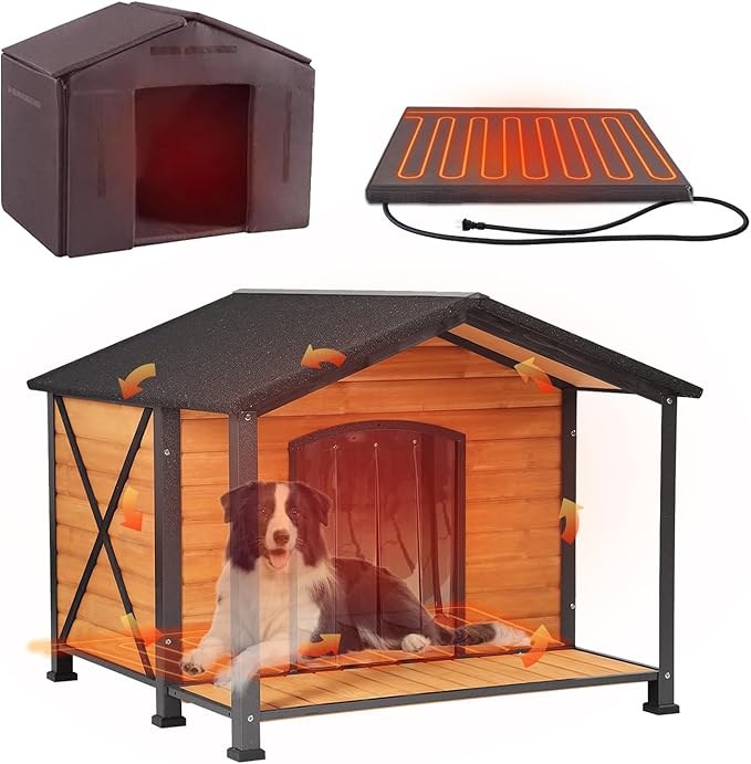 AIVITUVIN Heated Outdoor Dog House - Weatherproof Insulated Wooden Shelter with Iron Frame, Large Porch for Medium & Large Dogs, Indoor/Outdoor Kennel(XL)
