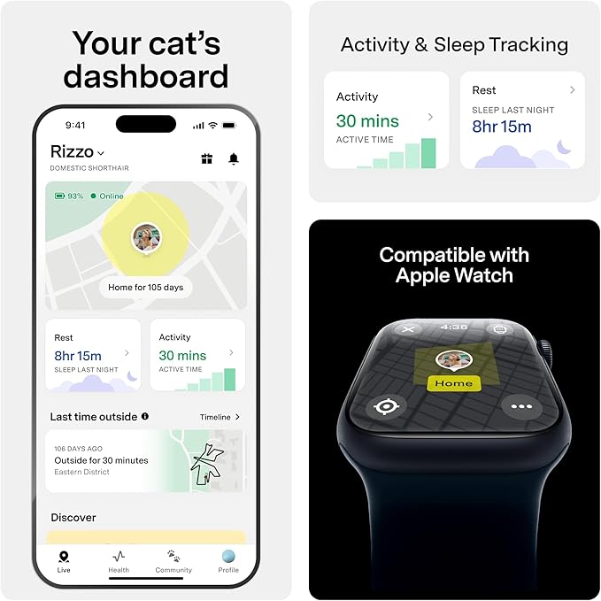 Fi Mini GPS Tracker for Cats — Lightweight Collar Attachment, Virtual Fences, Escape Alerts, Step & Health Tracking, Waterproof Cat Tracker — 6-Month Membership Included