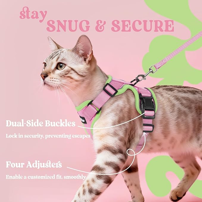 rabbitgoo Cat Harness and Leash for Walking, Escape Proof Soft Adjustable Vest Harnesses for Cats, Easy Control Breathable Reflective Strips Jacket, Pink&Light Green, XS