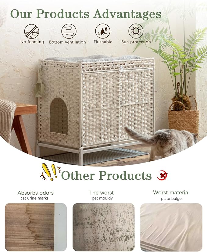 Cat Litter Box Enclosure Furniture, Hidden Handwoven Rattan Litter Box with Mat, Large Cat House with Metal Heightened Feet, 30.3 x 18.3 x 28 Inches, Indoor for Living Room, Bedroom White
