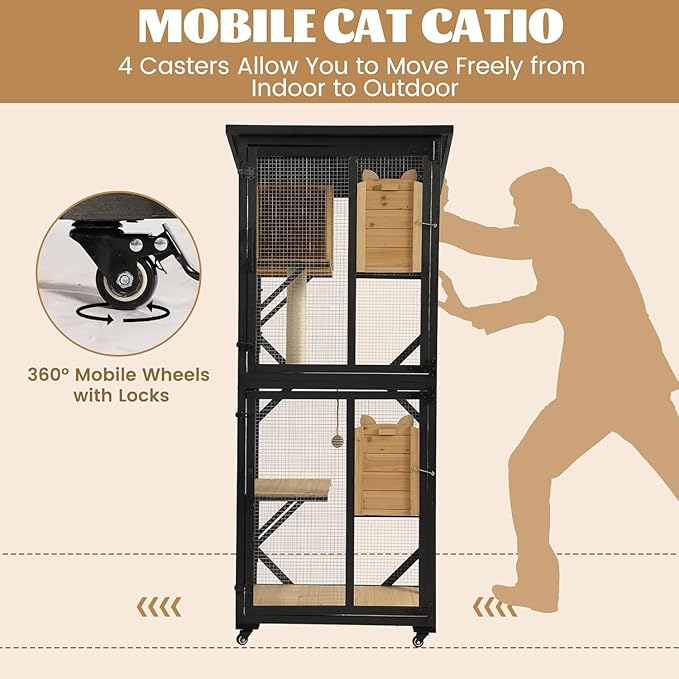 TITIMO 71" Catio Cat Enclosure Window, Large Outdoor/Indoor Cat House for Multiple Cats, Wooden Kitty Condo W/Waterproof Roof, Platforms, Resting Box, Scratching Post, Sisal Ball, Wheels (Black)