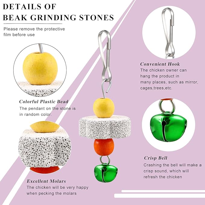 Sumind 2 Pieces Chicken Mirror Toys Hanging Swing Mirror with Bell Wooden Pecking Toy and 4 Pieces Beak Grinding Molar Stones for Hens Birds Parrots