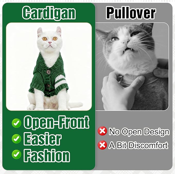 EXPAWLORER Cat Sweater Cardigan - Stylish Knitted Cat Clothes, British Style Soft Puppy Sweater with Sleeve Warm Pet Clothing Knitwear, Fall and Winter Kitten Coat for Girl Boy Cats, Green Small