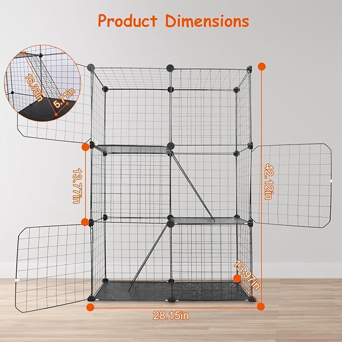 Large 3-Tier Cat Cage, Indoor Cat Enclosures Pliable DIY Cat Playpen, Detachable Metal Wire Kennels Cat Crate Box House with 3 Doors 2 Ramp Ladders for 1-2 Cats, Black - 28.2" x 14.0" x 42.1"