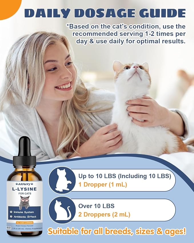L-Lysine Supplement for Cats - Immune Support - 60ML Lysine for Feline Respiratory, Sneezing, Runny Nose, Eye Function - Natural Cat Antibiotic Drops - Roast Chicken Flavor