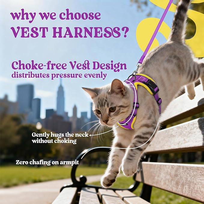 rabbitgoo Cat Harness and Leash for Walking, Escape Proof Soft Adjustable Vest Harnesses for Cats, Easy Control Breathable Reflective Strips Jacket, Purple&Yellow,XS