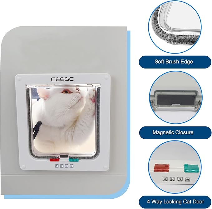 CEESC Cat Flap Door Magnetic Pet Door with 4 Way Lock for Cats, Kitties and Kittens, 2 Sizes and 2 Colors Options (L- Inner Size: 7.08"(W) x 7.48"(H), White)