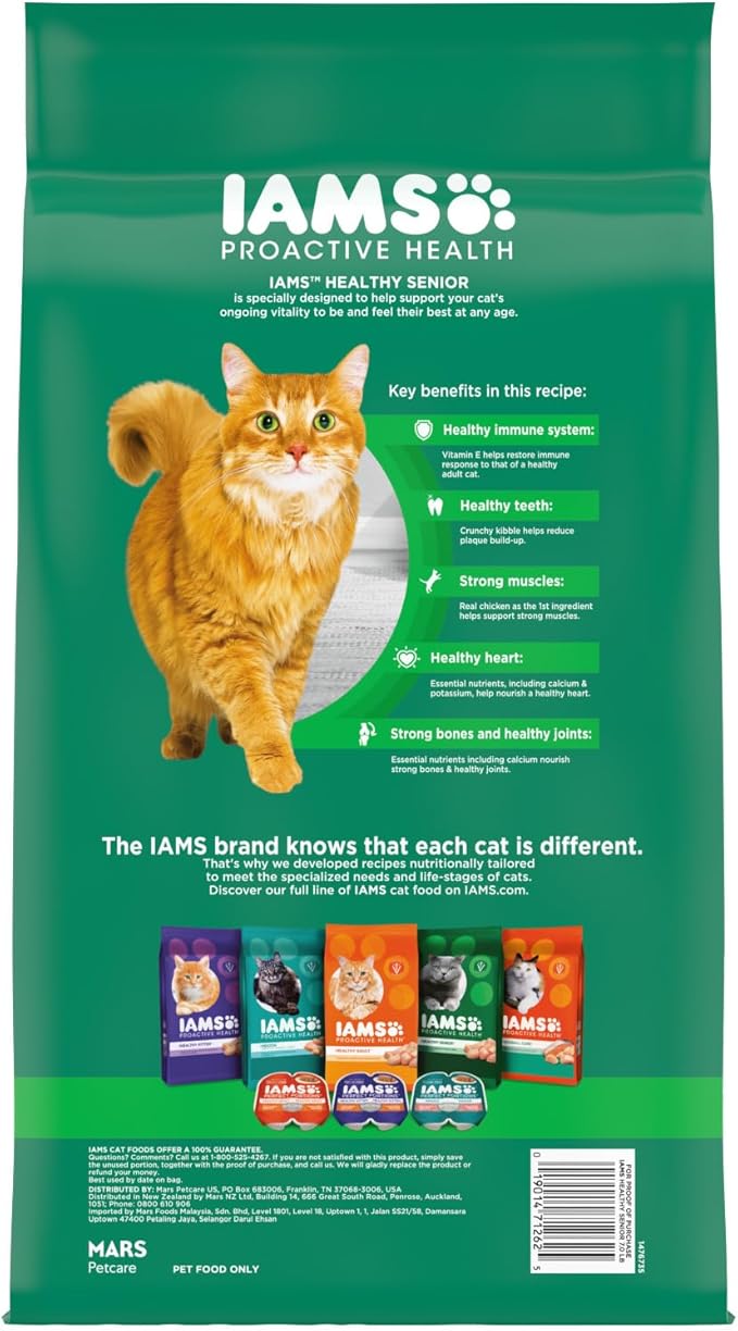 IAMS Proactive Health Senior Dry Cat Food, Cat Food Dry Chicken Recipe, Real Chicken in Every Bite, 7 lb. Bag