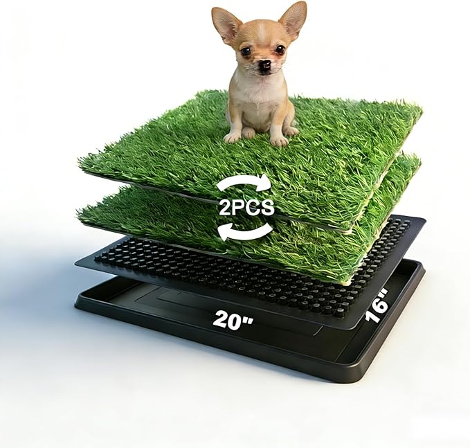 Artificial Grass Pad with Tray - 16"x20" Dog Potty for Puppy Training - with 2 PCS Reusable Replacement Fake Grass Pee Pads, Indoor/Outdoor Small Dog Litter Box for Apartment or Balcony/Patio