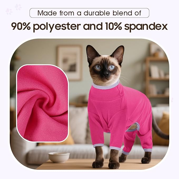 DENTRUN Cat Clothes for Hair Control with Hair Sticky Fabric - Soft Recovery Suit & Breathable Lint-Resistant Cat Sweater for Cats Only, Kitten Onesie Pajamas, M, Bright Pink
